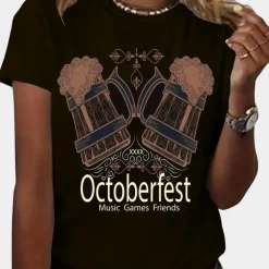 Topjes & Shirts Dames*Agnieszka - Bedrukt t-shirt met zomerse Oktoberfest print voor dames Zwart