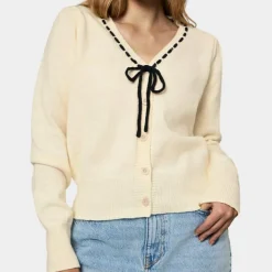 Truien & Vesten Dames*Anthoula - Elegante Dames V-hals Zomerse Trui met Strik Beige