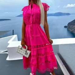 Jurken & Jumpsuits Dames*Antonina - Glamoureuze lange kanten zomerjurk met elegante flair