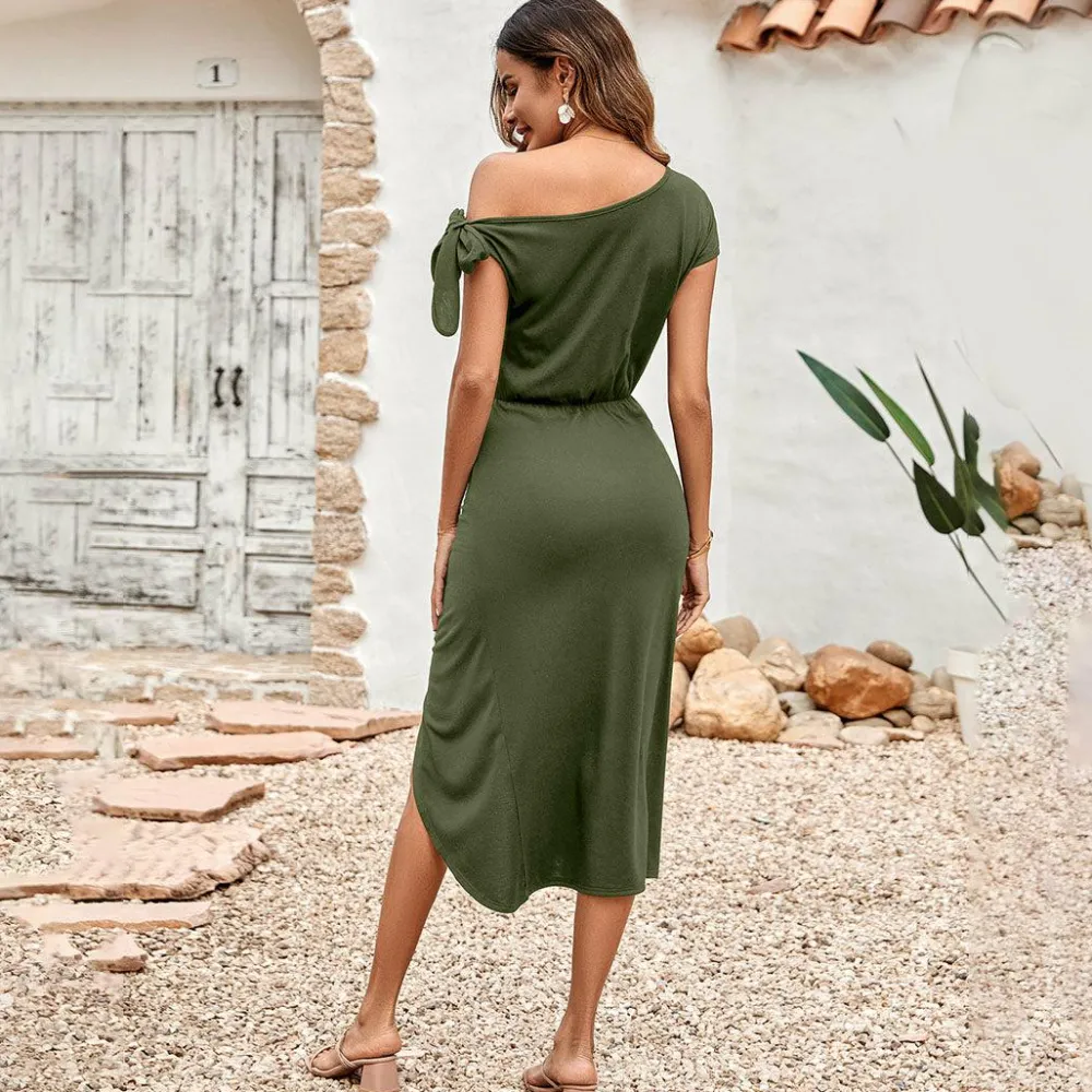 Jurken & Jumpsuits Dames*AUBRIELLA - Zomerse diagonale kraag jurk met split