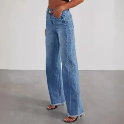 Broeken & Rokken Dames*Dames casual zomerjeans met hoge taille Blauw