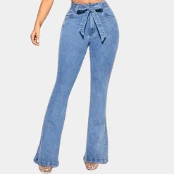 Broeken & Rokken Dames*Damesjeans met hoge stretch en wijde pijpen - Zomerse Editie Blauw