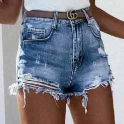 Broeken & Rokken Dames*Denis - Hoog-Taille Versleten Denim Short met Franje voor Zomeravonturen Blauw