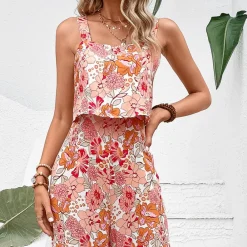 Jurken & Jumpsuits Dames*Desiree - Dames Stijlvolle Zomerse Bloemen Jumpsuit Oranje