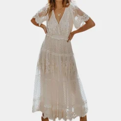 Jurken & Jumpsuits Dames*Elegante en klassieke kanten zomerjurk voor dames Wit