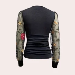 Topjes & Shirts Dames*Elegante zomerse damestop met bloemenborduursel Zwart