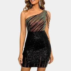 Jurken & Jumpsuits Dames*Gianna - Glamoureuze Zomerse Mini Jurk met Eén Schouder en Pailletten