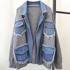 Truien & Vesten Dames*Hadria - Stijlvol gebreid damesvest met denimaccenten voor de zomer