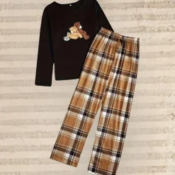 Sets Dames*Inge - Comfortabele Crew Neck Top en Geruite Broek Ensemble voor de Zomer Zwart