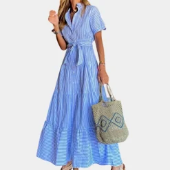 Jurken & Jumpsuits Dames*Irina - Zomerse gestreepte dames maxi-jurk met ceintuur