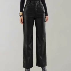 Broeken & Rokken Dames*Jaska - Recht gesneden leren zomerbroek Zwart