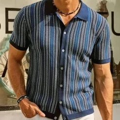 Shirts Heren*Kaspar - Gestreept gebreid zomer overhemd voor heren