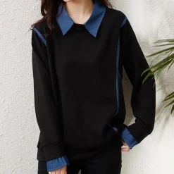 Truien & Vesten Dames*Katerina - Trendy dames sweatshirt met kraag voor de zomer Zwart