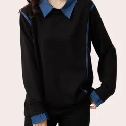 Truien & Vesten Dames*Katerina - Trendy dames sweatshirt met kraag voor de zomer Zwart