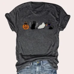 Topjes & Shirts Dames*Kati - Speels kat & pompoen grafisch zomers shirt