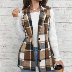 Truien & Vesten Dames*Klaudia - Stijlvol geruit damesvest voor de lente en zomer Bruin