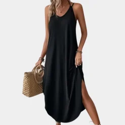 Jurken & Jumpsuits Dames*Laima - Stijlvolle v-hals cami-zomerjurk voor dames Zwart