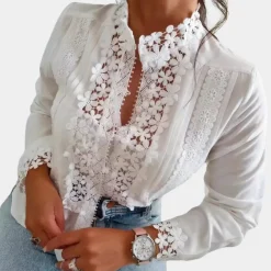 Blazers & Blouses Dames*Marga - Zomerse Romantische Blouse met Elegant Bloemen Kant Wit