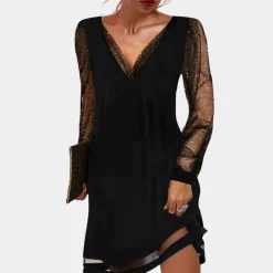 Jurken & Jumpsuits Dames*Moderne damesjurk met v-hals voor de zomer Zwart