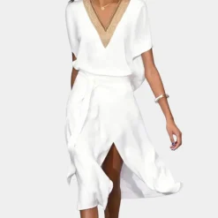 Jurken & Jumpsuits Dames*Moderne zomerse midi-jurk met v-hals voor dames Wit