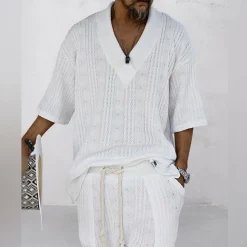 Sets Heren*NICOLÒ - Stijlvol gebreid shirt en shortset voor de zomer