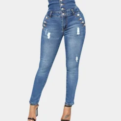 Broeken & Rokken Dames*Nola - Elegante Hoog Taille Skinny Zomerbroek voor Dames Blauw