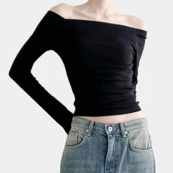 Topjes & Shirts Dames*Off-shoulder damestop met lange mouwen voor de zomer Zwart
