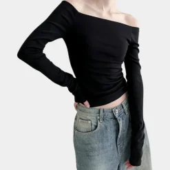 Topjes & Shirts Dames*Off-shoulder damestop met lange mouwen voor de zomer Zwart