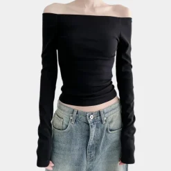 Topjes & Shirts Dames*Off-shoulder damestop met lange mouwen voor de zomer Zwart