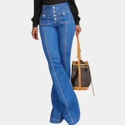 Broeken & Rokken Dames*Pazienza - Luchtige uitlopende damesbroek met hoge taille voor de zomer Middelblauw