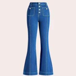 Broeken & Rokken Dames*Pazienza - Luchtige uitlopende damesbroek met hoge taille voor de zomer Middelblauw