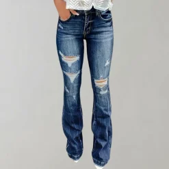 Broeken & Rokken Dames*Pirkko - Zomerse uitlopende gescheurde broek Blauw