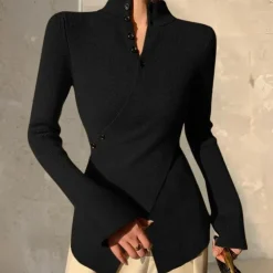 Truien & Vesten Dames*Rudolfa - Dames Comfortabele Hoge Hals Wikkel Trui voor Lente en Zomer Zwart