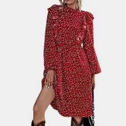 Jurken & Jumpsuits Dames*Stacy - Zomerse damesjurk met volle mouw en ruches Rood