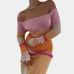 Jurken & Jumpsuits Dames*Stijlvolle off-shoulder gebreide damesjurk voor de zomer Roze