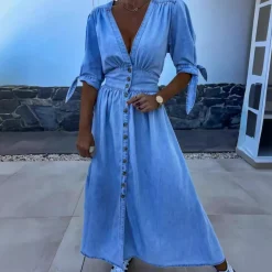 Jurken & Jumpsuits Dames*Stijlvolle zomerse damesjurk met knoopsluiting Lichtblauw