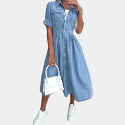 Jurken & Jumpsuits Dames*Stijlvolle zomerse damesjurk met knoopsluiting Blauw