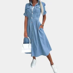 Jurken & Jumpsuits Dames*Stijlvolle zomerse damesjurk met knoopsluiting Blauw