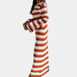 Jurken & Jumpsuits Dames*Stijlvolle zomerse gebreide jurk met strepen voor dames Oranje