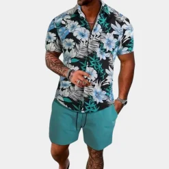 Sets Heren*Travis - Gebloemde tweedelige zomerkleding voor heren - Perfect voor de lente en zomer Veelkleurig