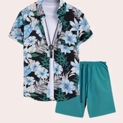 Sets Heren*Travis - Gebloemde tweedelige zomerkleding voor heren - Perfect voor de lente en zomer Veelkleurig