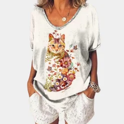 Topjes & Shirts Dames*Trendy dames t-shirt met kattenprint voor de zomer
