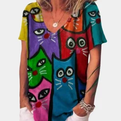 Topjes & Shirts Dames*Trendy dames t-shirt met kattenprint voor de zomer