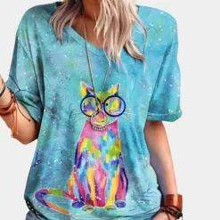 Topjes & Shirts Dames*Trendy dames t-shirt met kattenprint voor de zomer