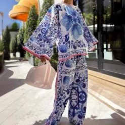 Sets Dames*Verity - Elegante damesset met bloemenprint voor de zomer Blauw