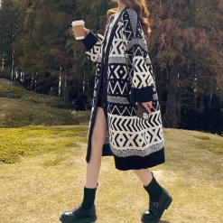 Jassen Dames*Wilhelmine - Geometrische Lange Jas - Tijdloze Elegantie voor Dames - Lente/Zomer Stijl Zwart