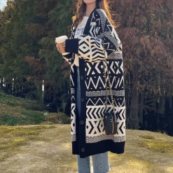 Jassen Dames*Wilhelmine - Geometrische Lange Jas - Tijdloze Elegantie voor Dames - Lente/Zomer Stijl Zwart