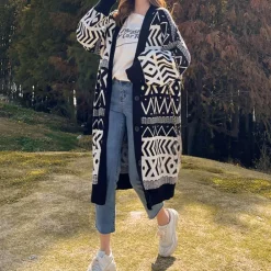 Jassen Dames*Wilhelmine - Geometrische Lange Jas - Tijdloze Elegantie voor Dames - Lente/Zomer Stijl Zwart