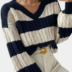 Truien & Vesten Dames*Yamina - Dames Elegante V-Hals Gestreepte Zomerse Trui