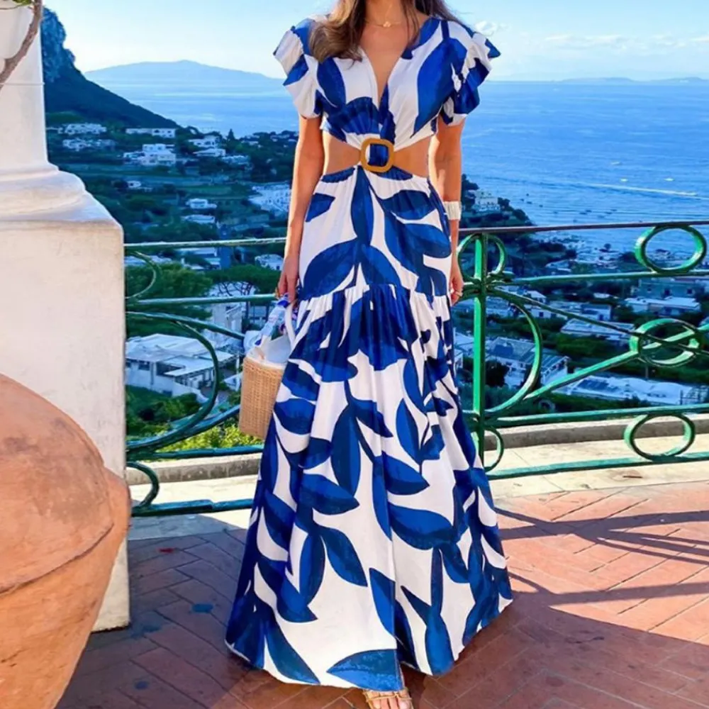 Jurken & Jumpsuits Dames*Yana - Stijlvolle Zomerjurk met Elegante V-halslijn Blauw